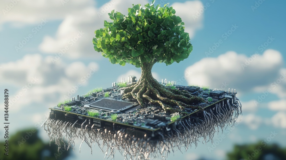 Poster a computer motherboard intertwined with roots and leaves, symbolizing green tech. open sky for text 