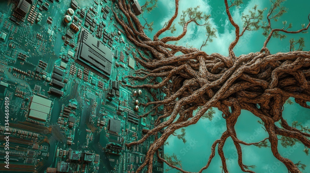 Poster a computer motherboard intertwined with roots and leaves, symbolizing green tech. open sky for text 