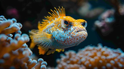 Obraz premium Yellowspotted Burrfish in a Defensive Posture Underwater.