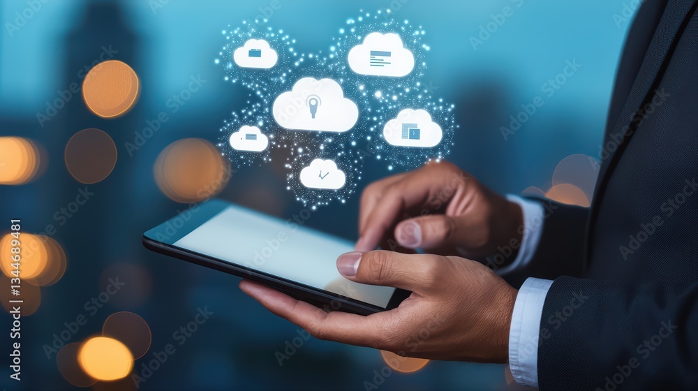 Poster close-up view of businessman using tablet with conceptual cloud-based communication icons