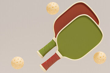 Two pickleball paddles and balls on a neutral background. 3d rendering
