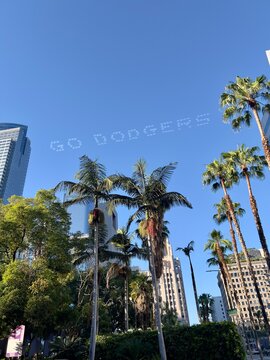 LOS ANGELES, CA, JUN 21, 2024: downtown skyline with palm trees and tall buildings against a clear blue sky. "GO DODGERS" is written in skywriting above the cityscape