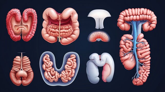 Human digestive system diagram with transparent background, realistic organ details, medical reference  