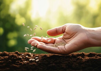Hand scattering seeds into rich soil, symbolizing growth and sustainability
