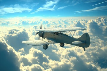 A vintage biplane is flying high above the clouds in sky