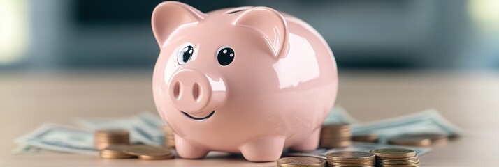 financial literacy campaign, a lively d piggy bank with expressive eyes, surrounded by coins and bills, against a dynamic background for family savings initiatives