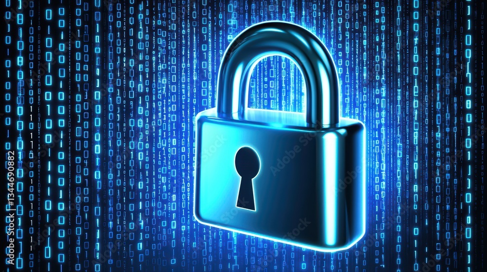Poster digital cybersecurity concept with glowing padlock and binary code background for protection