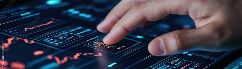 Poster hands tapping on digital stock trading interface with graphs and data analysis concepts
