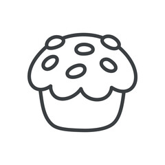 Cute Easter cupcake icon. Hand drawn monochrome illustration of a sweet muffin decorated with glaze and sprinkles isolated on a white background. Kawaii spring sticker. Vector 10 EPS.