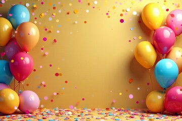 Colorful confetti balloons against a festive golden backdrop for party decoration, party, backdrop, balloons