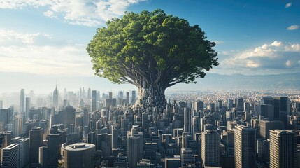 Fototapeta premium A futuristic city built into a massive tree, merging technology and nature. Open space for text.