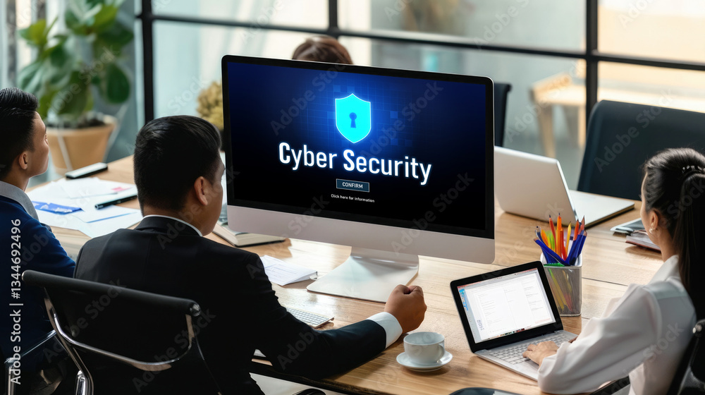 Poster cyber security system on computer screen protect private information brisk from hacker and cyber att