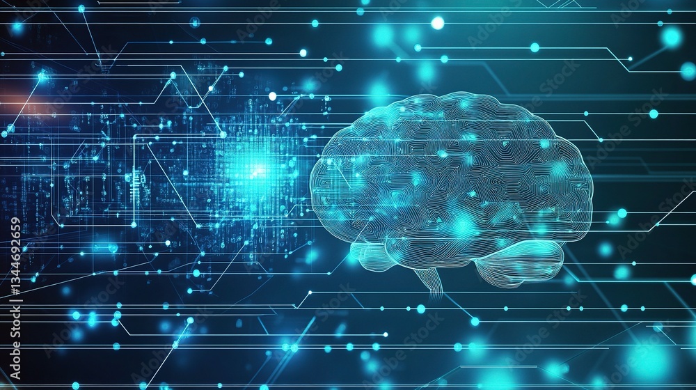 Poster ai technology background with geometric shapes and brain visualization