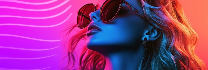 Stylish woman in sunglasses at an abstract music album launch event in vibrant colors