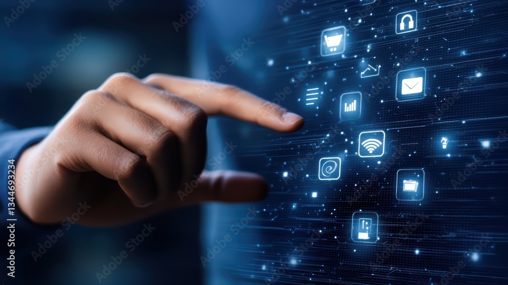 Poster global business connection concept with hand touching digital interface icons