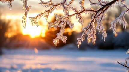 Obraz premium Ice-Laden Tree Branches Against a Stunning Winter Sunset Sky