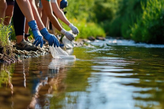 Volunteers work together to remove litter from a polluted stream, wearing protective gloves as they collect trash along the water's edge under bright sunlight