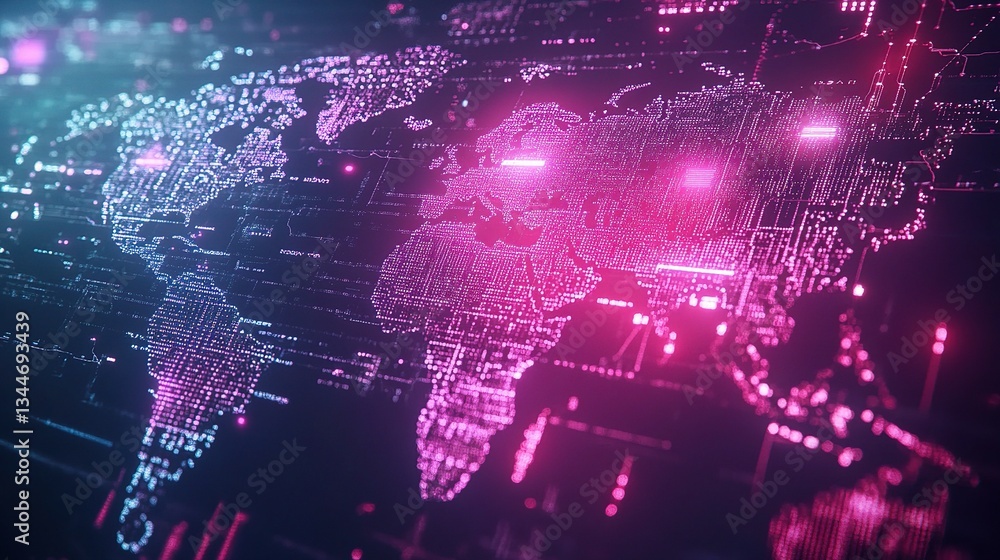 Poster neon digital world map with global connections and data visualization