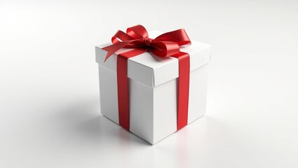 Obraz premium Elegant gift box with red satin ribbon on glossy background