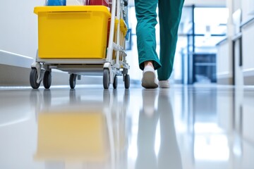A hospital janitor in scrubs navigates a bright, clean corridor, pushing a well-organized cleaning cart filled with supplies essential for maintaining hygiene