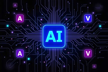 AI and Data Visualization: A stunning digital depiction showcases the core of Artificial Intelligence. The design features an intricate circuit board design, with a glowing "AI" center.