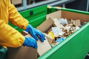 In a contemporary store's warehouse section, a janitor in gloves collects cardboard boxes and other waste for recycling, emphasizing the importance of sustainability