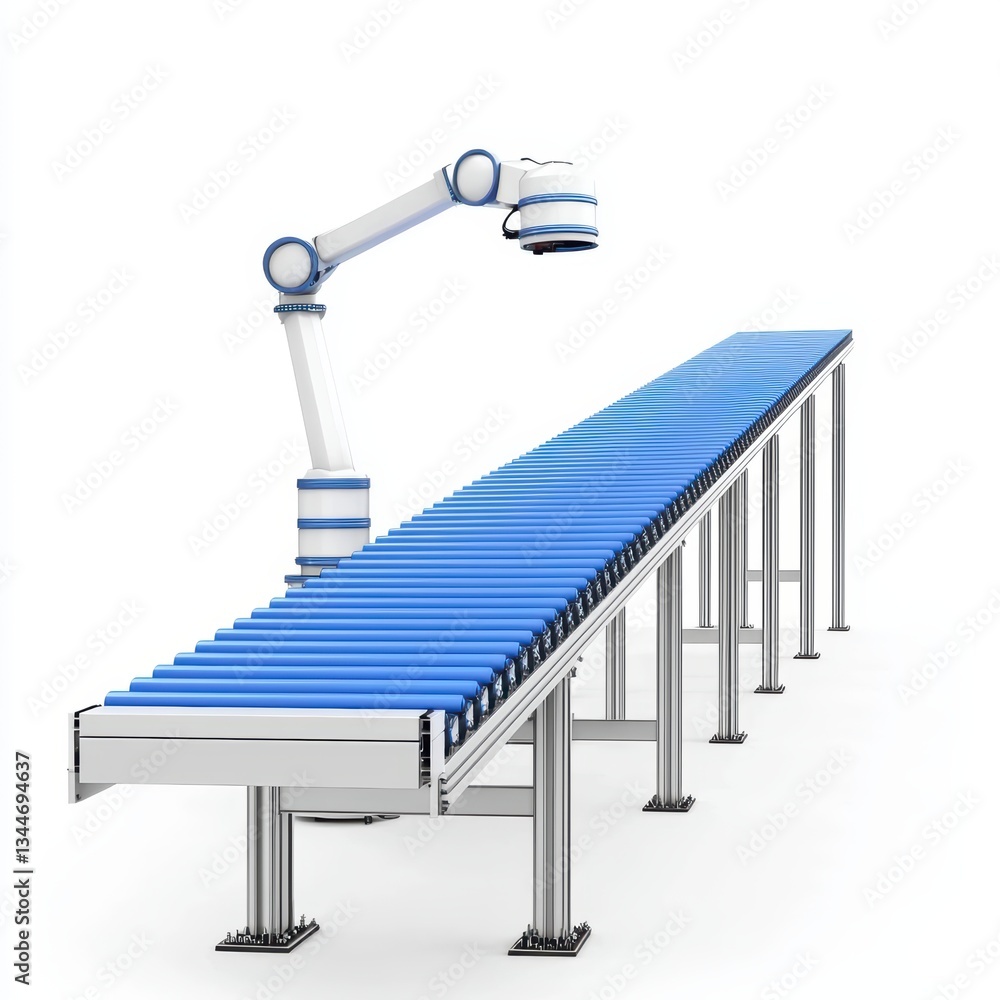 Poster advanced industrial robot arm interacting with conveyor belt in high-tech factory setting