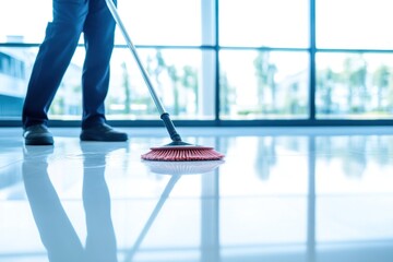 Mopping the tile floor of a corporate office, a janitor performs cleaning duties with precision, ensuring a spotless and safe work environment
