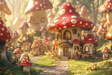 Naklejka premium A whimsical village featuring homes resembling large red mushrooms