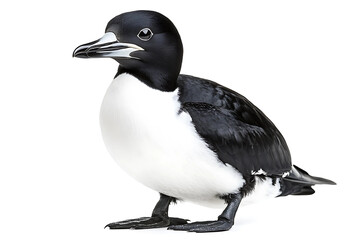 Obraz premium Razorbill seabird standing tall with black and white plumage on a plain isolated white background