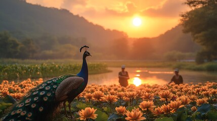 Peaceful scene of a peafowl farm during sunset with peacocks showcasing their feathers against the backdrop of a warm sky and farm workers gently guiding them back to their enclosures