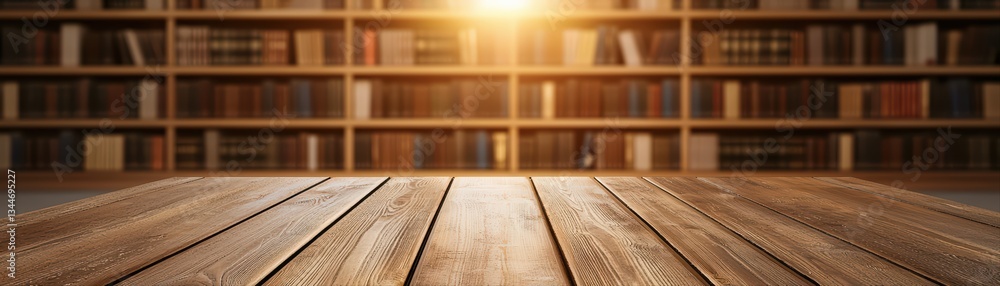 Poster empty wooden table in library setting suitable for study or creative concept visualization