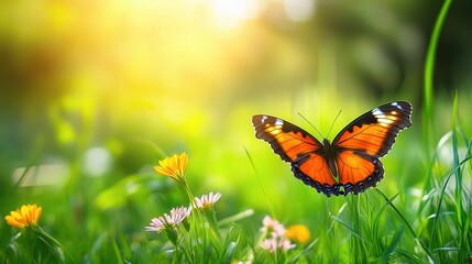 Bright Butterfly Among Colorful Flowers in Summer Scene