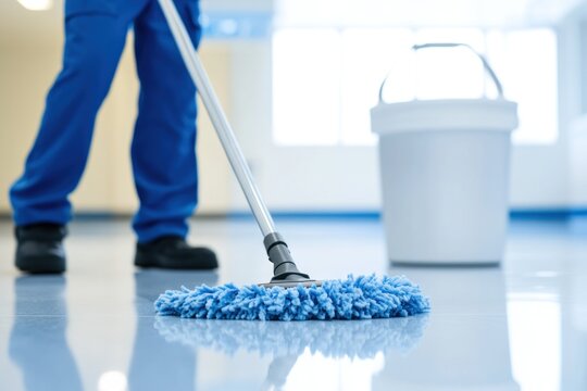 A male janitor in a blue uniform and cap diligently mops the shiny floor using a blue mop while a white bucket sits nearby, enhancing cleanliness in the commercial space
