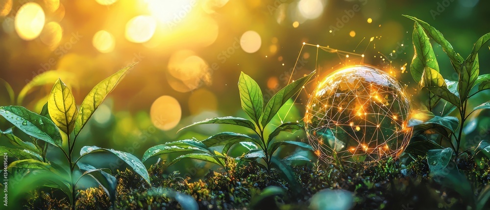 Aufkleber conceptual illustration of globe with interconnected network elements surrounded by greenery and nat