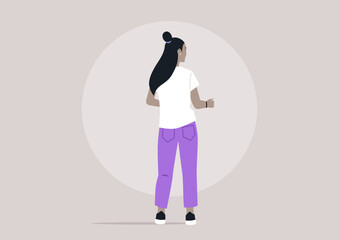 A woman is captured in a moment of joyful contemporary dancing, her back facing forward as she moves in harmony, The atmosphere radiates energy in a playful setting