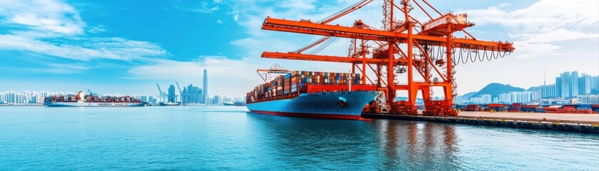Fototapeta premium Large Maritime Transportation Concept Scene with Cargo Ship and Crane at Port in Urban Area