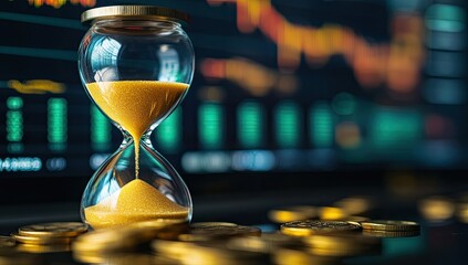 Time running out in the financial markets.  Sand in an hourglass over stacks of gold coins in front of stock charts