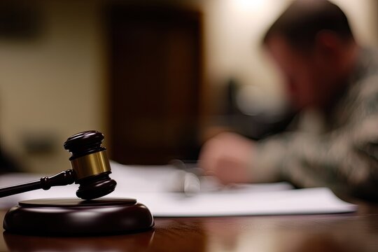 Legal proceedings in progress.  A gavel rests on a table in front of documents, while a person reviews papers
