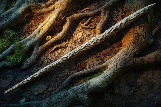 A long, textured staff rests on exposed tree roots in a sun-dappled forest setting.