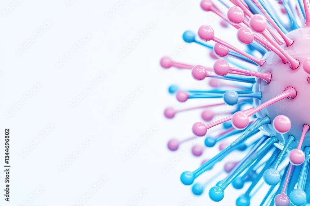 Poster concept of nanotechnology featuring tiny robotic nanobots in blue and pink color scheme