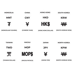 East Asian currency symbols and codes set — China, Japan, South Korea, North Korea, Taiwan, Hong Kong, Macau, Mongolia, finance, international money, economic icons.