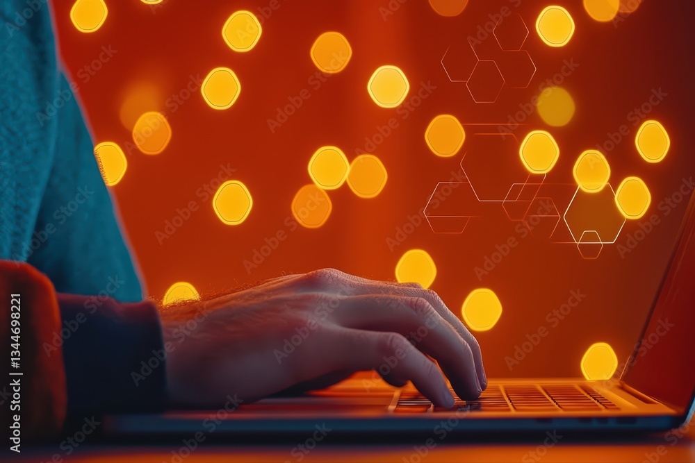 Poster close-up of hand typing on laptop in remote work environment with soft bokeh background