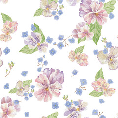 Hand-drawn watercolor seamless pattern of green leaves, pink violas, and blue forget-me-nots. Perfect for vintage prints, wallpapers, wrap paper packages, clothes, dishes, tablecloth, backgrounds.
