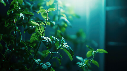 Close-up of automated hydroponic systems in a vertical farm, plants glowing under soft lighting