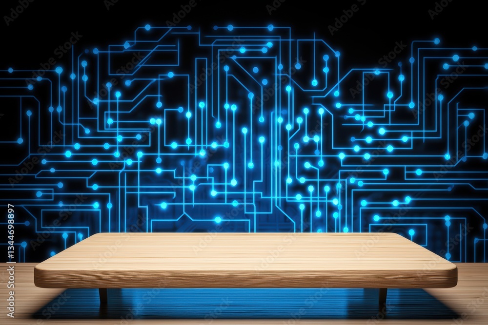 Poster empty wooden table with digital circuit abstract background for smart home concept imagery