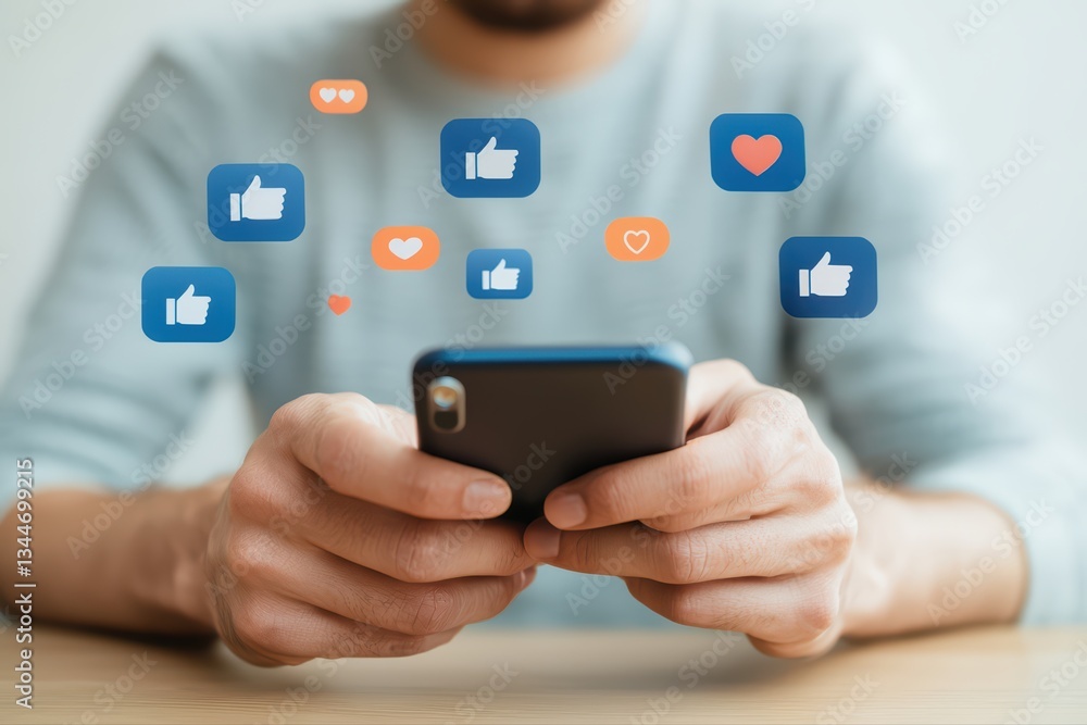Poster close-up of a person engaging with social media on a smartphone with like icons floating above