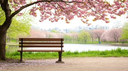 Fototapeta premium Breathtaking Spring Landscape View with Pink Blossoms and Calm Water Near a Park Bench
