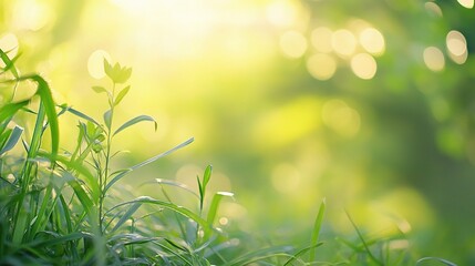 Lush Green Grass Underneath Bright Blurred Earthy Bokeh Background