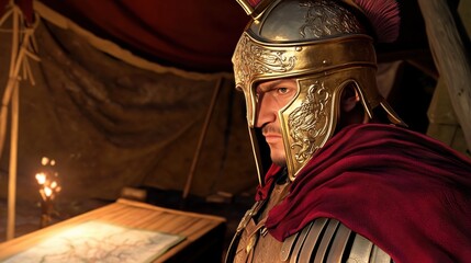 Intense Roman Officer Prepares Battle Plans With Precision.